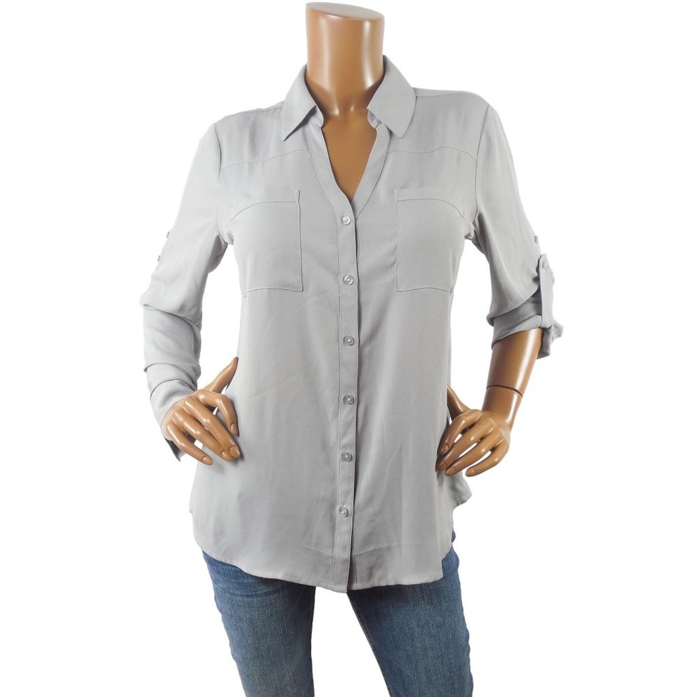 EXPRESS Top M Portofino Button Down Blouse Gray Mist Roll Tab Long Sleeves - Picture 1 of 10
